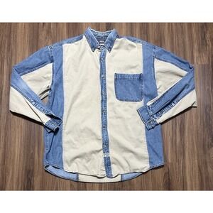 OCI Vintage 90s Khaki Denim Button Front Shirt Brown Blue Cotton Men's Large